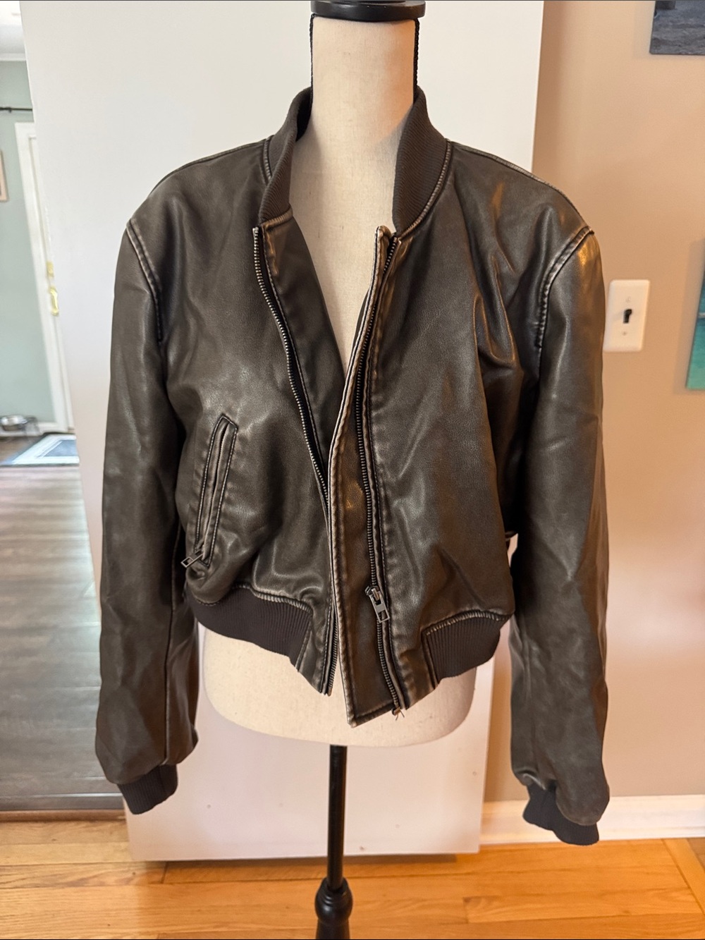 Zara Brown Leather Bomber Jacket